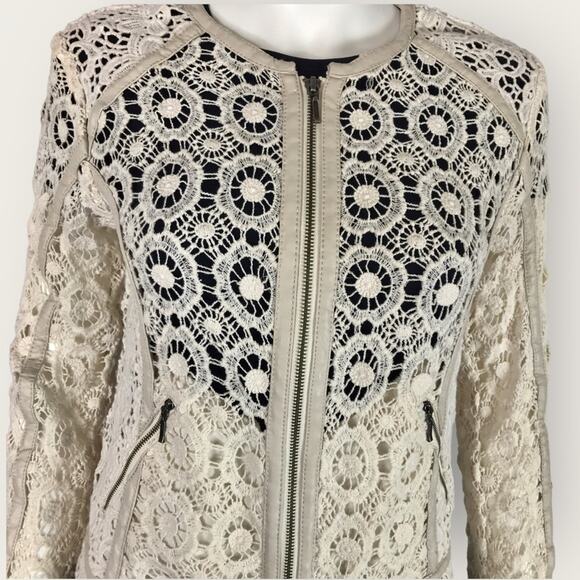 Beige Crocheted Lace Cardigan Full Zip Cotton Cream by Chelsea28 - Picture 2 of 10